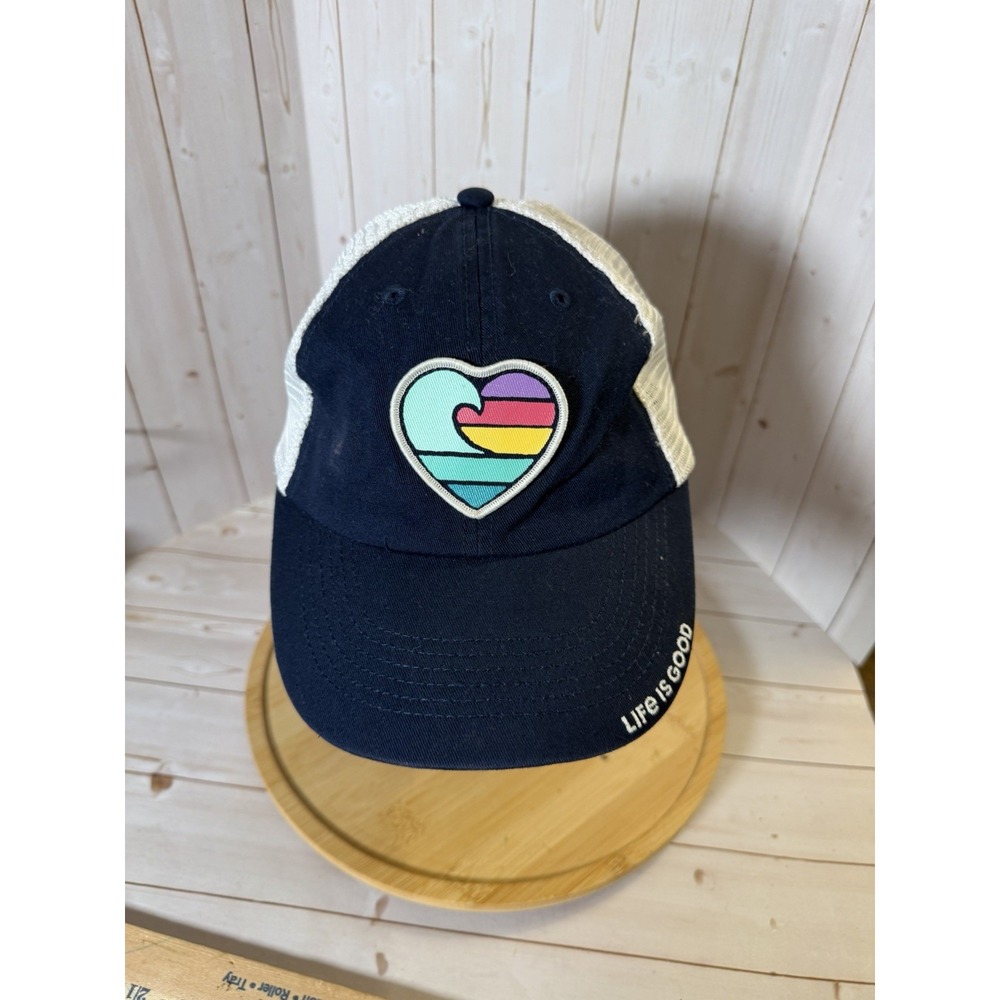 Life Is Good Hat Heart Design Meshback Adjustable Snap Blue White Womans Osfm**